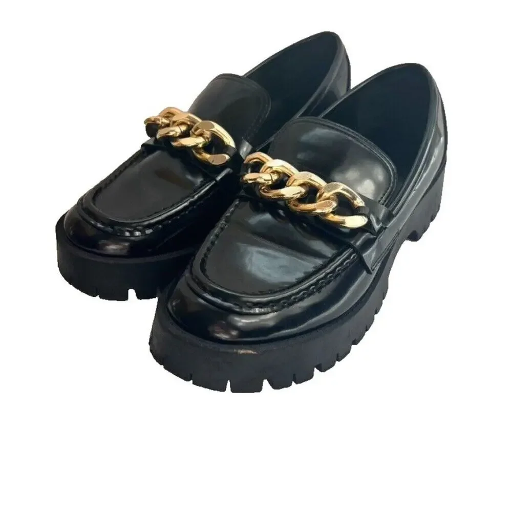 Guess Shoes Loafers Womens 8M Black Gold Tone Chain Lug Sole Chunky Platform